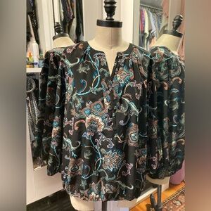 Dana Buchman Black Paisley Print 3/4 Sleeve Blouse, Size XL